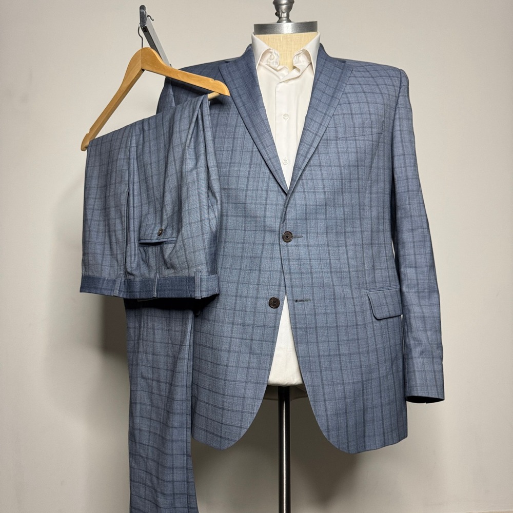 David Donahue Men's 46L 38W Ryan Cut Blue Check Plaid Wool‎ Two-Button Suit